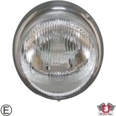 Headlight with chrome rim, with E-mark. Can be used for vehicles 8/1964–7/1969 without using parking light