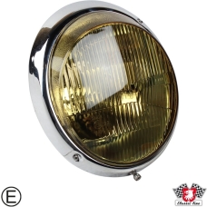 Headlight with chrome rim, yellow glass, with E-mark