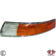Lens for indicator with chrome rim, front, EU version, orange/clear, left, with E-mark