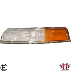 Lens for indicator with chrome rim, front, EU version, clear/orange, left, with E-mark