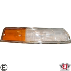 Lens for indicator with chrome rim, front, EU version, clear/orange, right, with E-mark