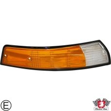 Lens for indicator with black rim, front, EU version, orange/clear, right, with E-mark